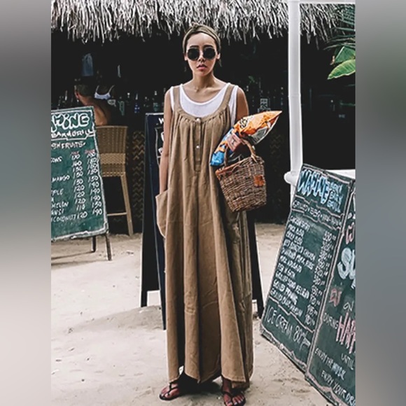 Sleeveless Scoop Neck Big Pocket Cotton Linen Boho Wide Leg Jumper Overalls - Picture 2 of 13